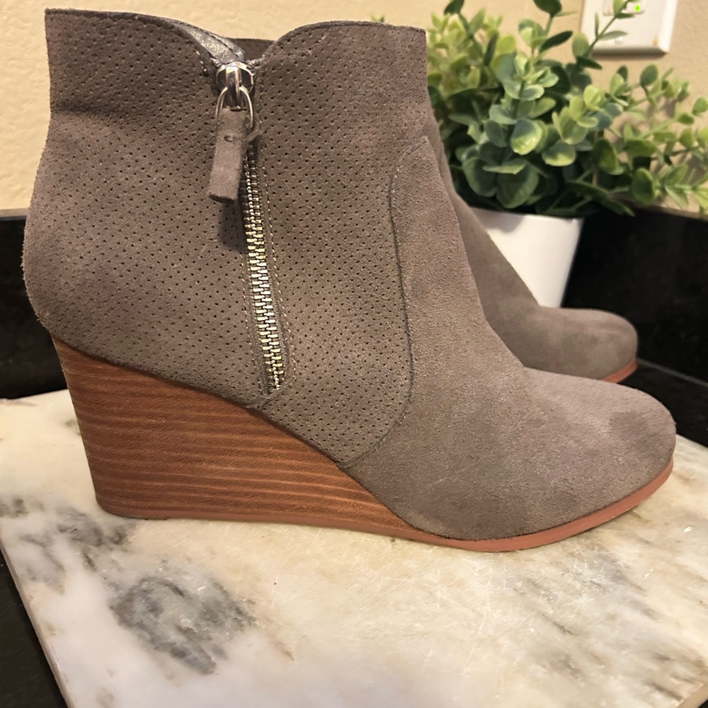 Women's Taupe Suede Perforated Wedge Ankle Boot